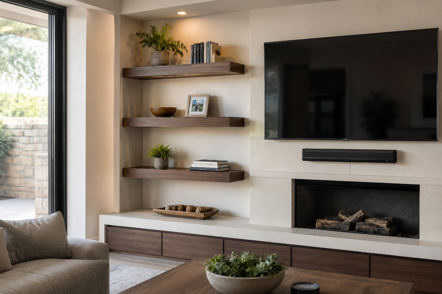 Polished finished living room project with a mounted television, custom shelving, and built-in cabinetry